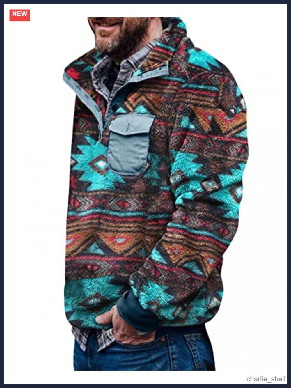 Aztec Sherpa Fleece Pullover Sweatshirt Button Up Stand Collar